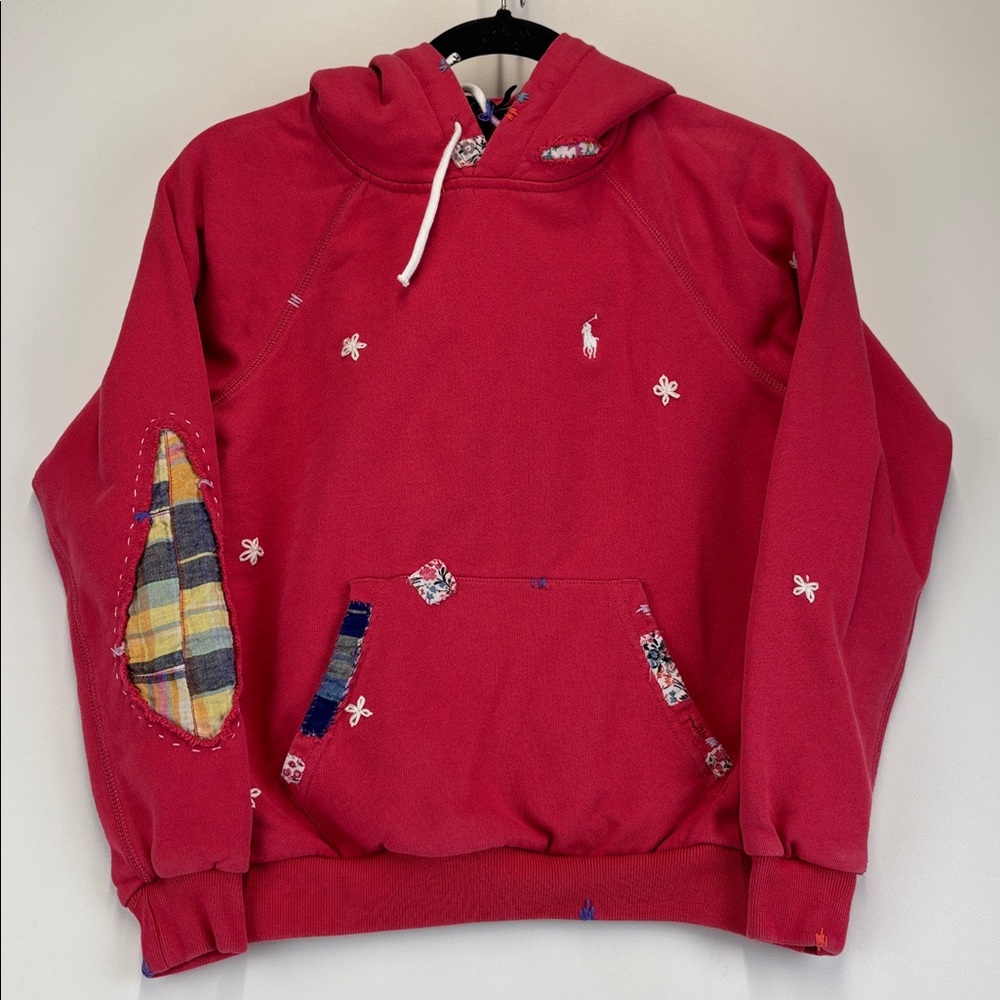 POLO RALPH LAUREN Pink Patchwork Embroidered Pullover Hoodie Size XS